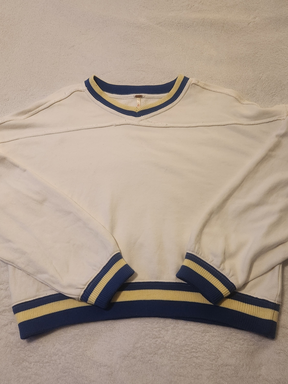 Free People Rio Pullover Sweatshirt Ivory, Blue and Yellow Striped Trim Size XL